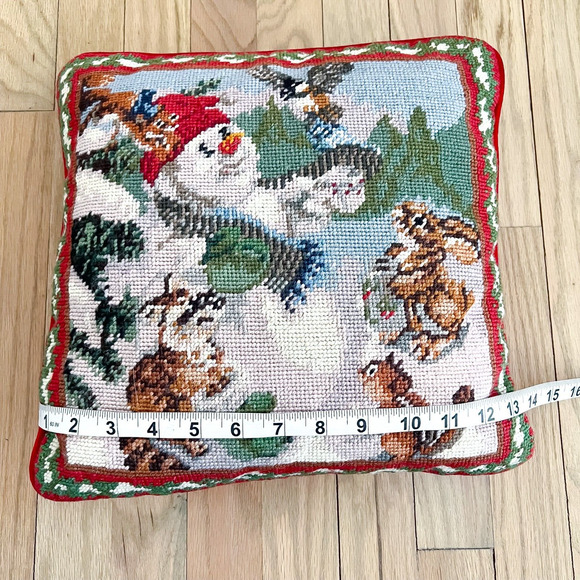 Vintage Needlepoint Christmas Snowman Chipmunk Bunny Square 13.5in Red - Picture 9 of 9